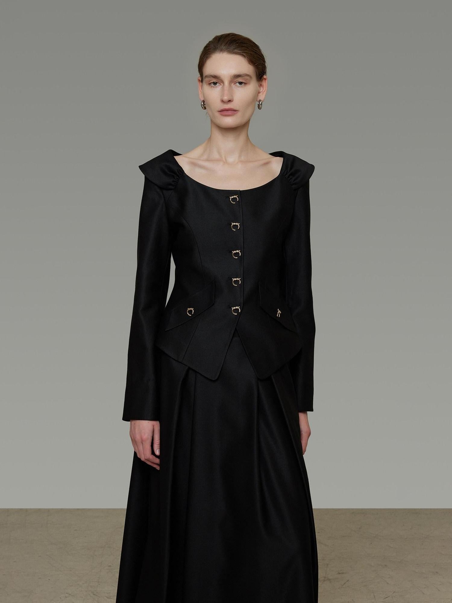 unspoken Slim Long Sleeve Square Neck Button Crop Top High Waist Black Top & Skirt Sets