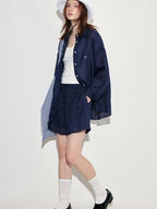 fano Comfortable Collared Long Sleeve Navy Two Piece Women Top & Shorts Sets