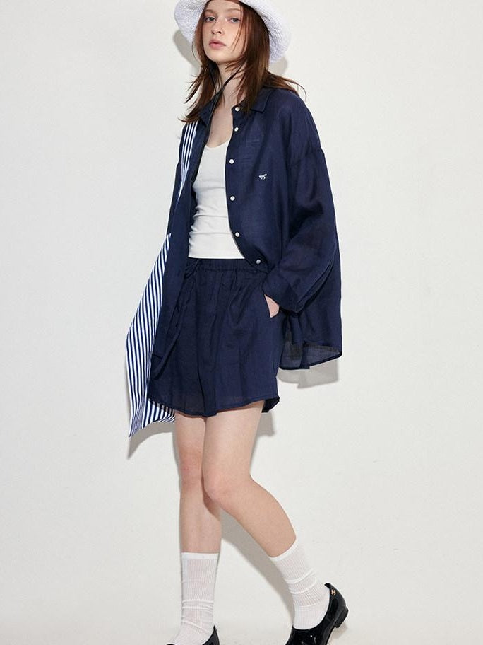 fano Comfortable Collared Long Sleeve Navy Two Piece Women Top & Shorts Sets