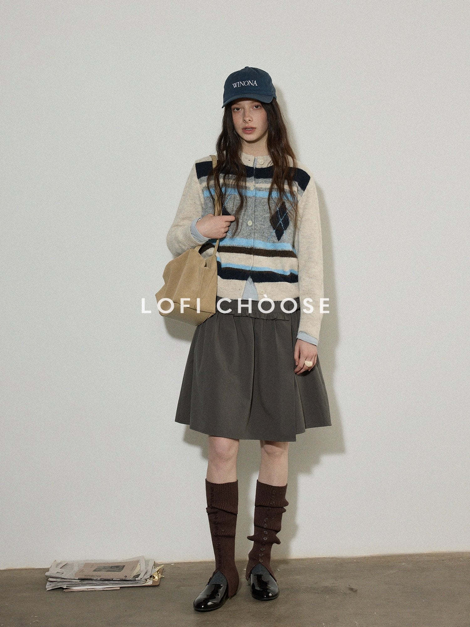 Lofi choose Cozy Poly Wool Blend Contrast Trim Diamond Knit Loose Fit Women Cardigans