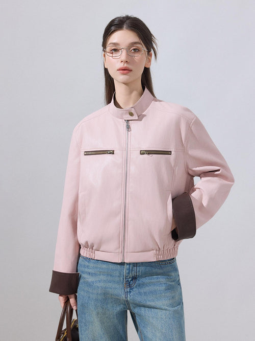 ikyou Colorblock Zip Stand Collar Stretch Cotton Casual Women Cropped Jackets