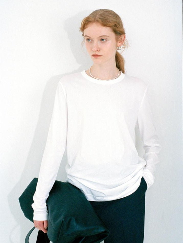 fano Minimalist 100 Percent Cotton Loose Crew Neck Women Basic Long Sleeve T-Shirts