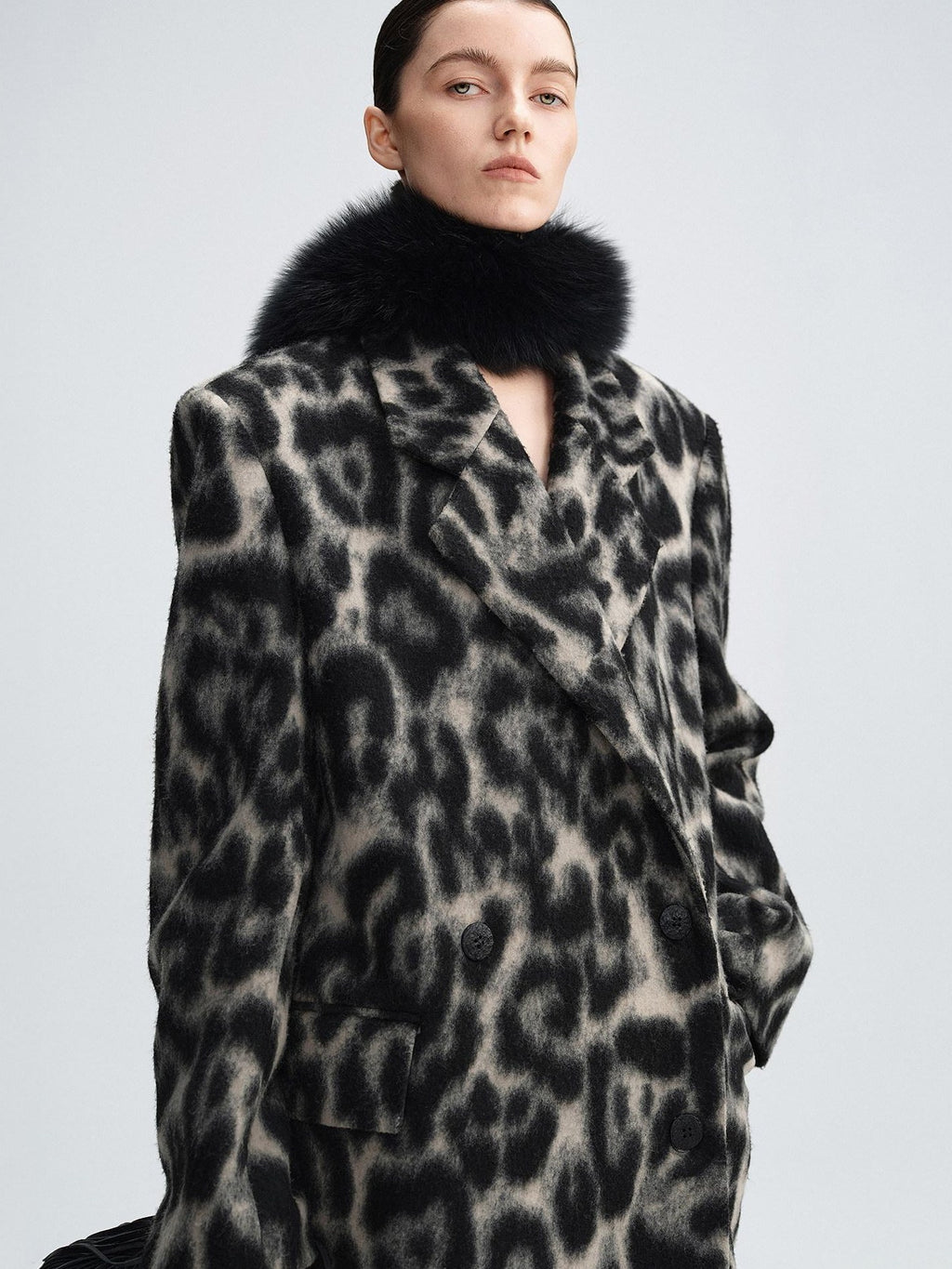 audreyyang Thick Wool Blend Retro Loose Leopard Double Breasted Lapel Long Coats