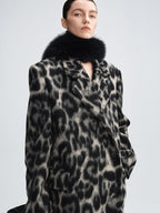 audreyyang Thick Wool Blend Retro Loose Leopard Double Breasted Lapel Long Coats
