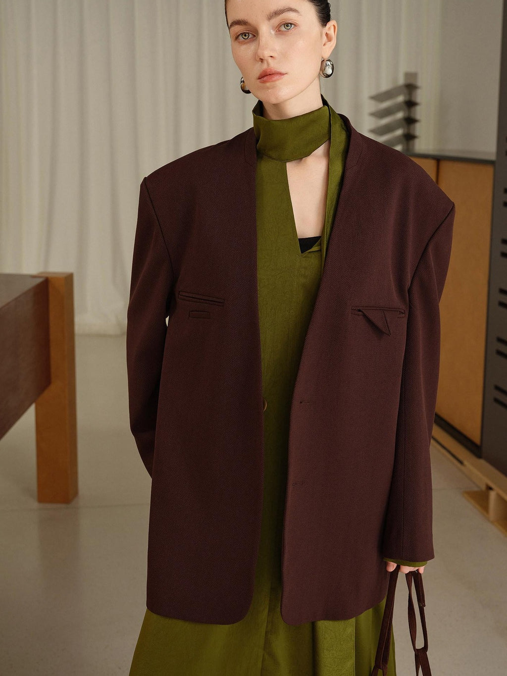 audreyyang Original Loose Fit Herringbone Wool Collarless Open Front Casual Women Blazers