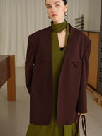 audreyyang Original Loose Fit Herringbone Wool Collarless Open Front Casual Women Blazers