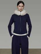 unspoken Warm Slim Fit Zip Hooded Cardigan High Waist Commuter Polyester Navy Lounge Sets