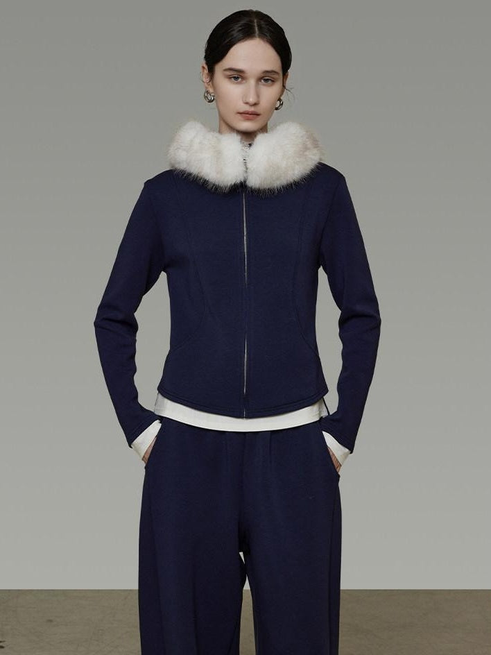 unspoken Warm Slim Fit Zip Hooded Cardigan High Waist Commuter Polyester Navy Lounge Sets