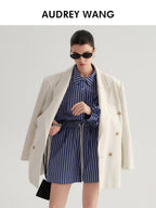 audreyyang Minimal Double Breasted Notch Lapel Midlength Loose Fit Women White Blazers