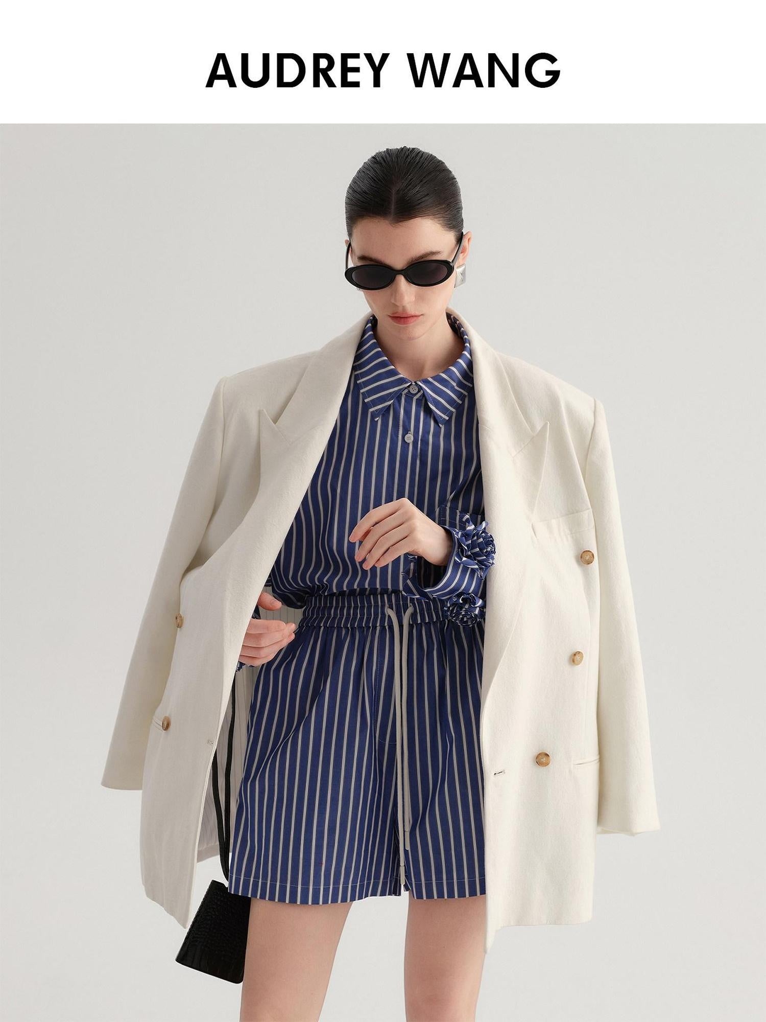 audreyyang Minimal Double Breasted Notch Lapel Midlength Loose Fit Women White Blazers