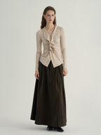 someone sometimes Ruffled V-neck Slim Fit Thin Knit Viscose Women Oatmeal Long Sleeve T-Shirts
