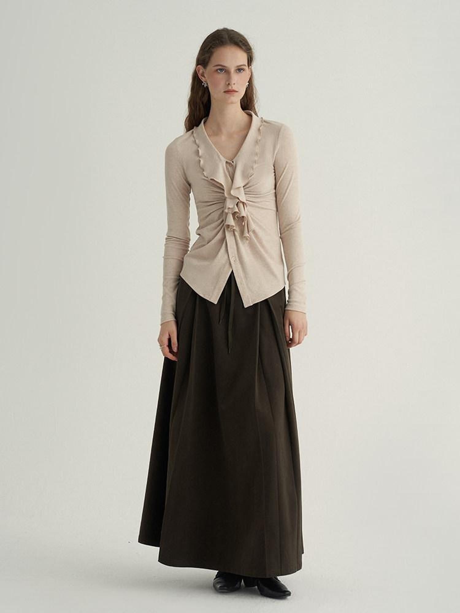 someone sometimes Ruffled V-neck Slim Fit Thin Knit Viscose Women Oatmeal Long Sleeve T-Shirts