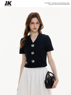 ikyou Soft Stretch Cotton V-neck Slim 3D Commuter Women T Shirt Basic Crop Tops