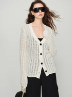 audreyyang Lightweight Openwork Slim V-neck Button Knitted Cotton Women Cardigans