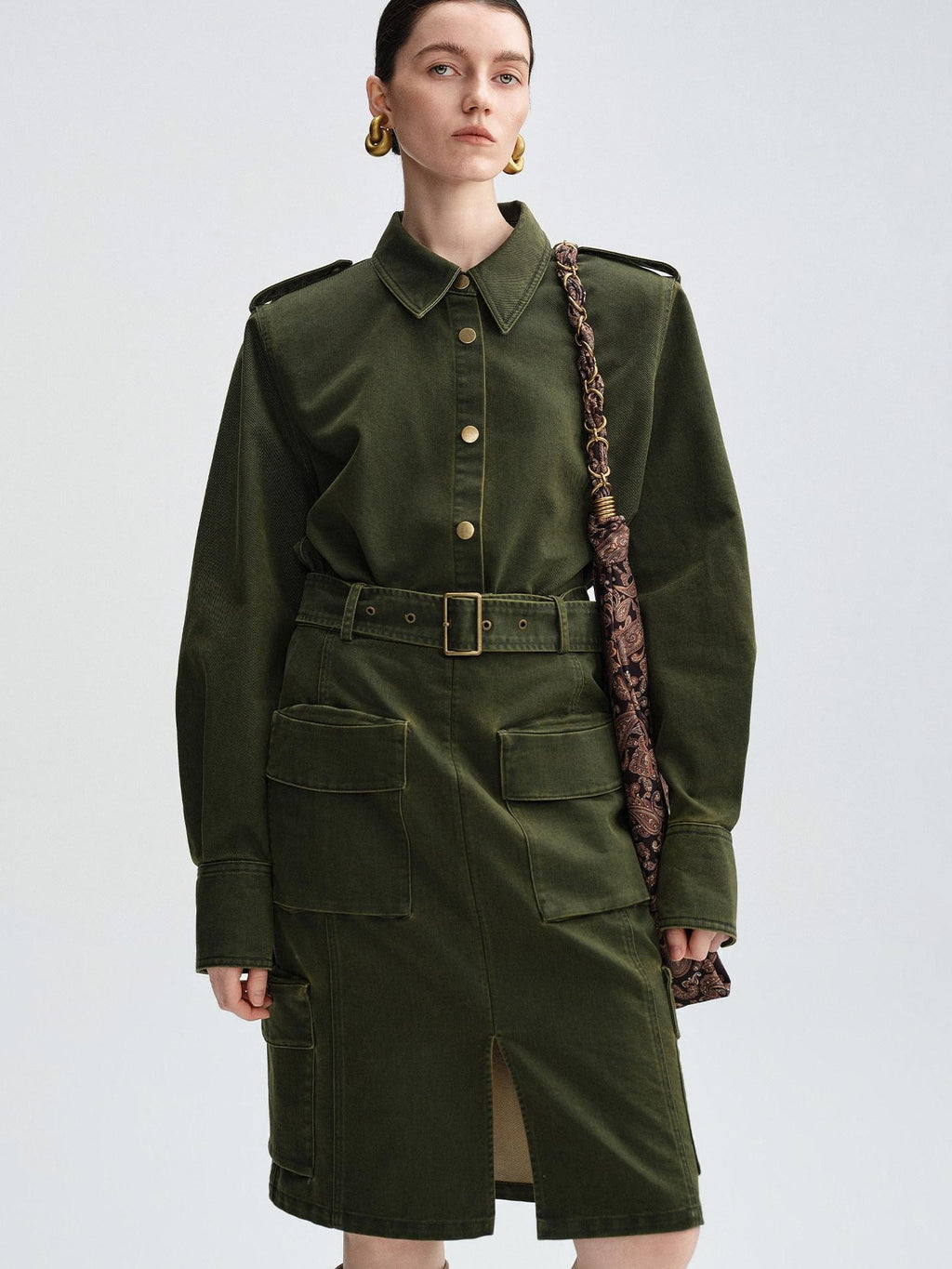 audreyyang Thick Cotton Cinched Waist Vintage Long Sleeve Army Green Top & Skirt Sets