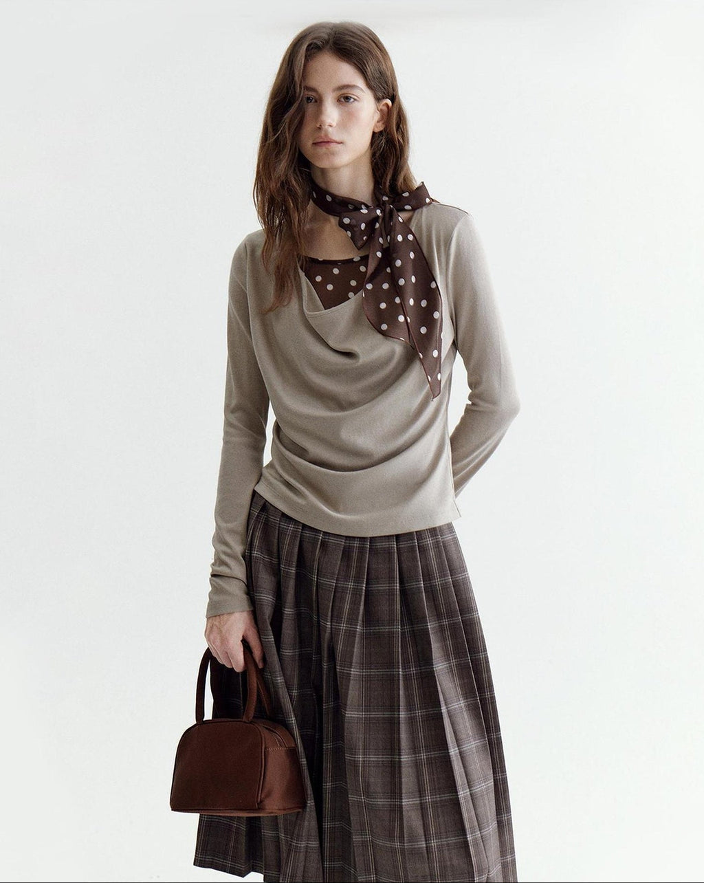 fano Soft Cotton Lyocell Polka Dot Mock Neck Layered Look Long Sleeve T-Shirts