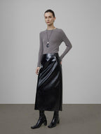 unspoken High Waist Pu Leather A Line Lined Black Commuter Skirt For Women Midi Skirts