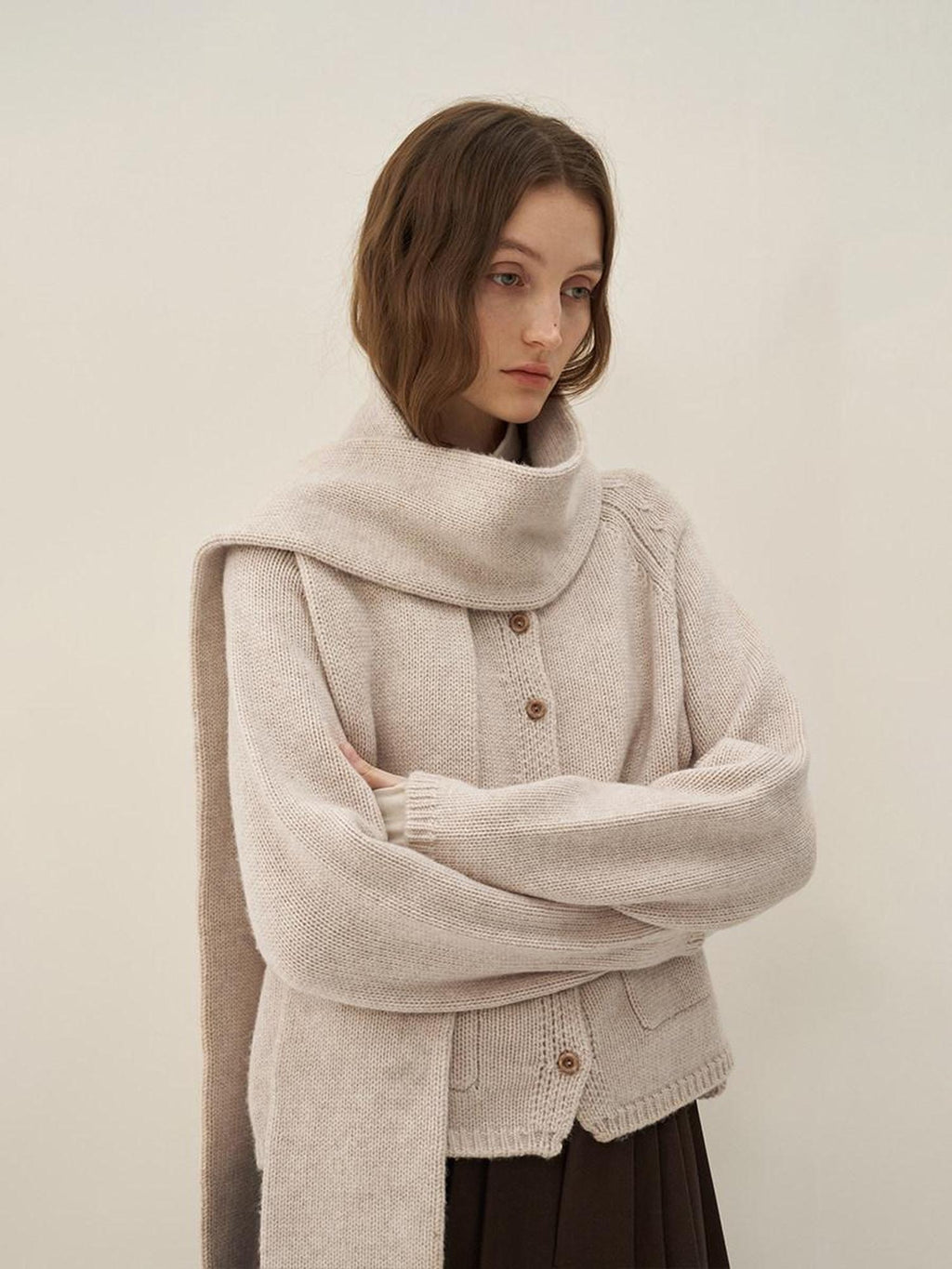 someone sometimes Wool Blend Button Front Round Neck Long Sleeve Commuter Oatmeal Beige Cardigans
