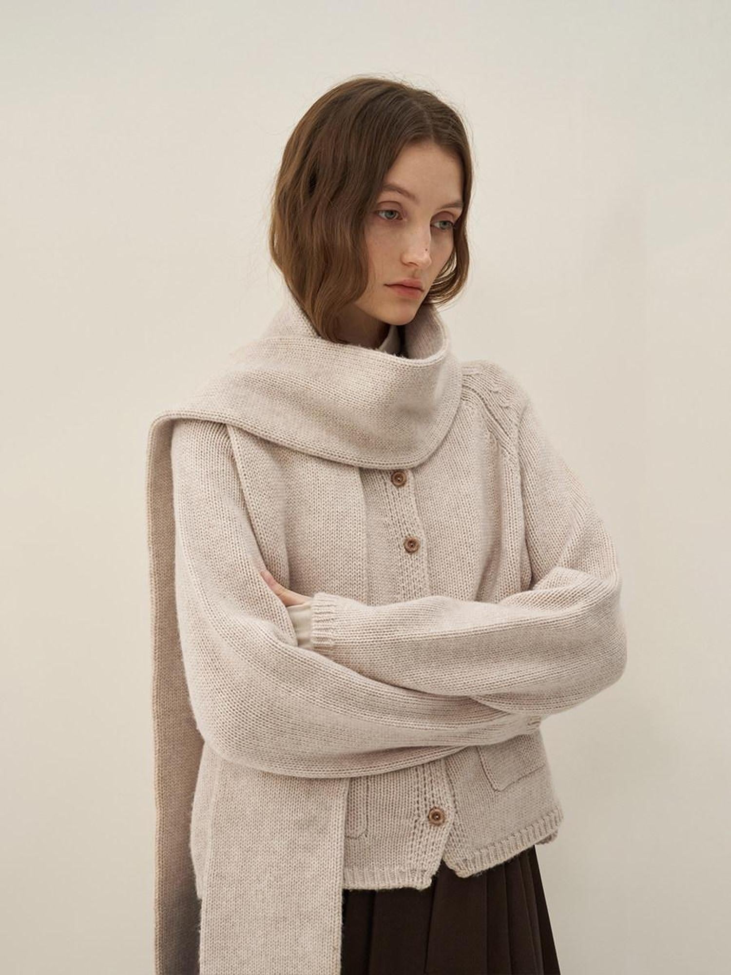 someone sometimes Wool Blend Button Front Round Neck Long Sleeve Commuter Oatmeal Beige Cardigans