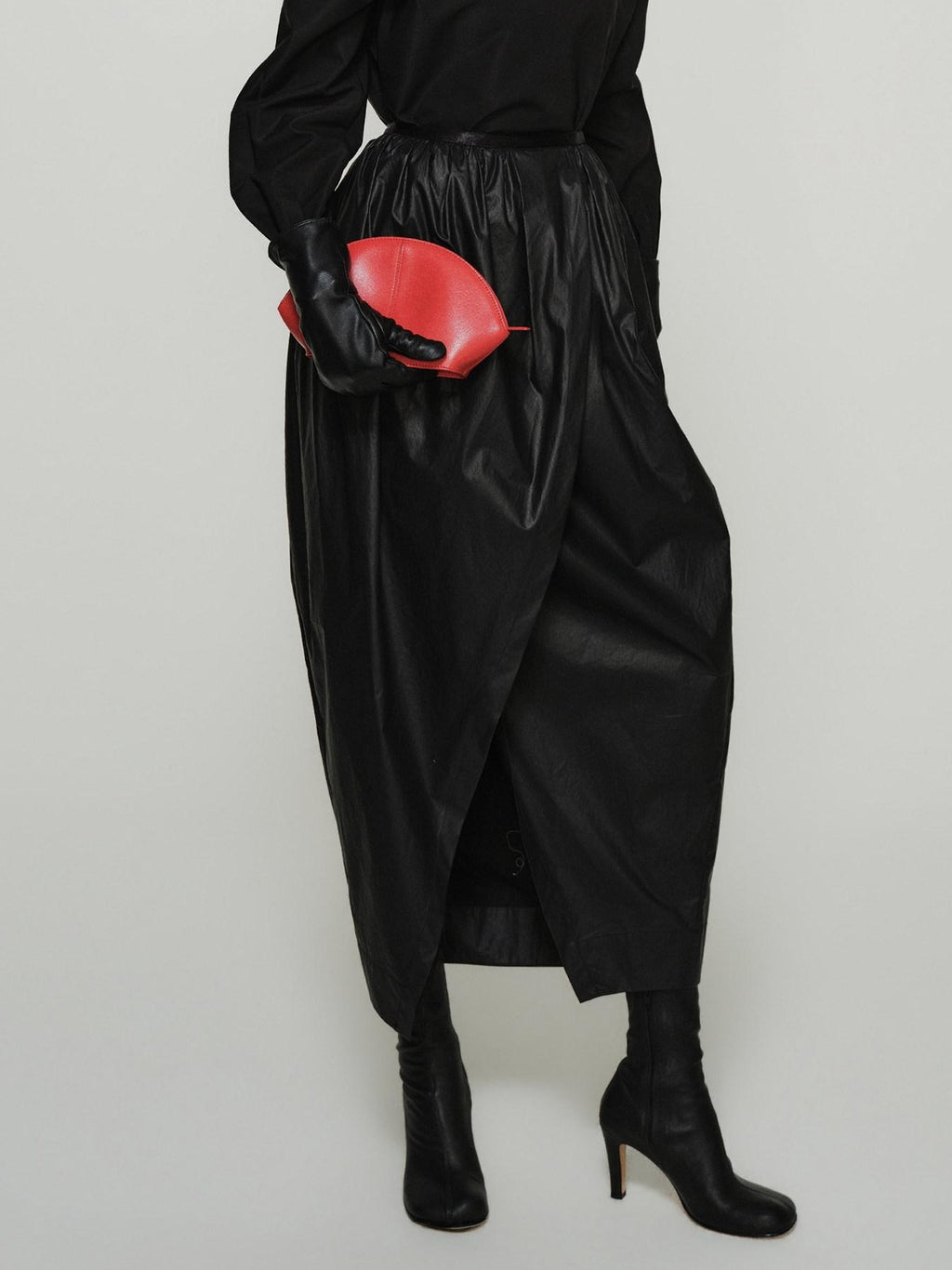 audreyyang Shape Retaining Cotton Pleated Bubble Midrise Elastic Front Slit Midi Skirts
