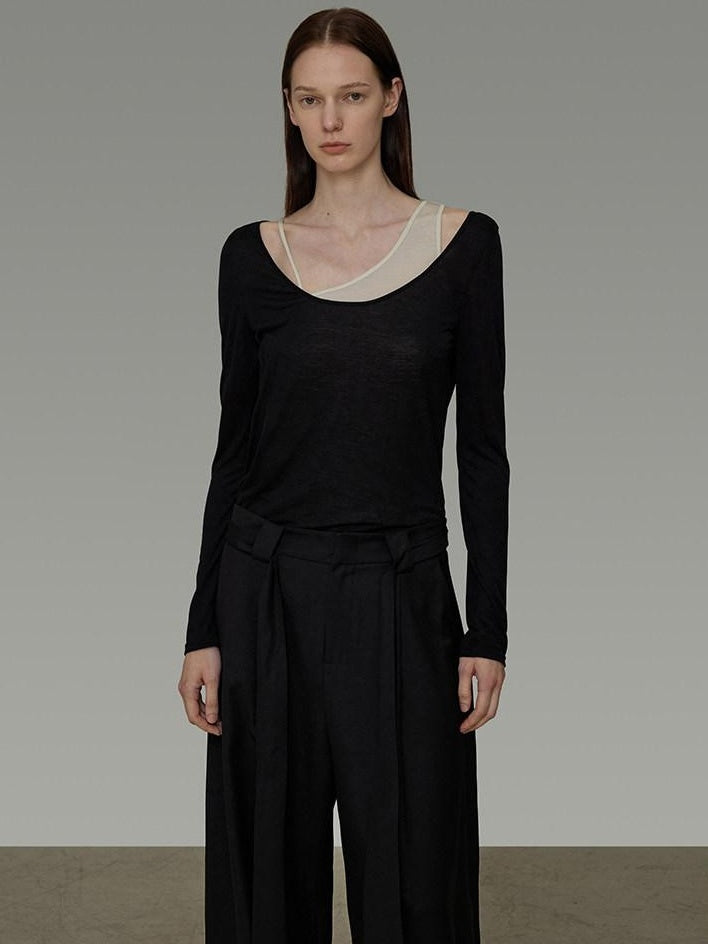 unspoken Asymmetric Lyocell Knit Slim Casual Colorblock Longsleeve Women Top & Pants Sets