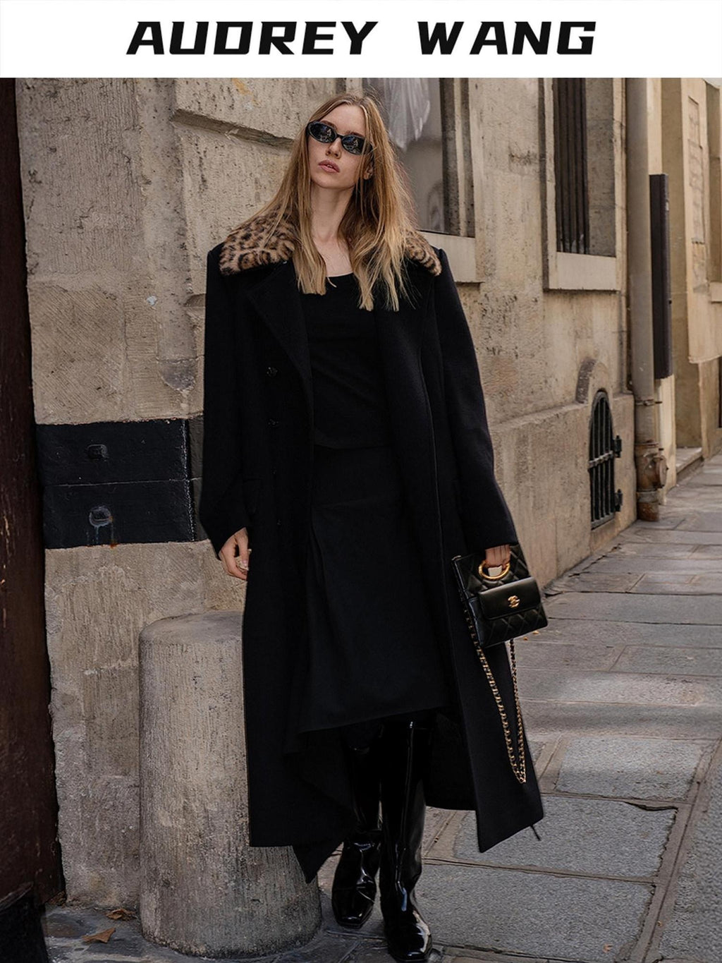audreyyang 100% Sheep Wool Double Breasted Midlength Straight Women Black Wool Coats