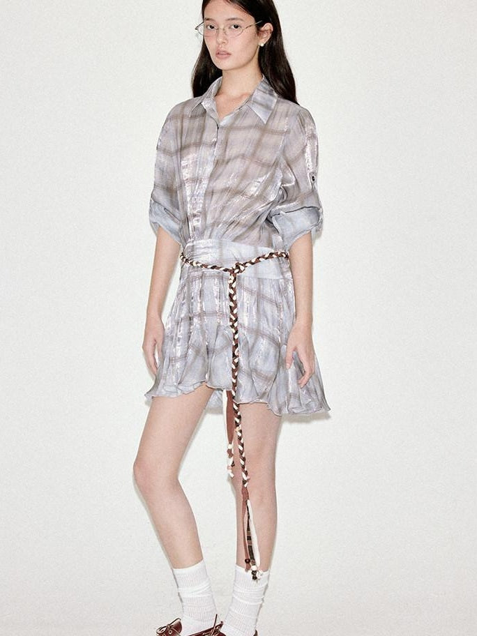 fano Plaid Korean Workwear A Line Natural Waist Mid Sleeve Khaki Midi Dresses