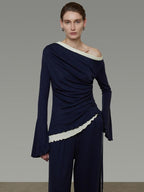 unspoken Navy Tencel Slim Fit Knit Round Neck High Waist Casual Women Top & Skirt Sets