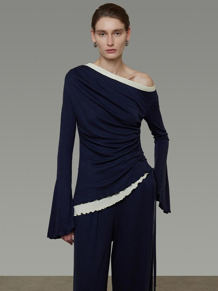 unspoken Navy Tencel Slim Fit Knit Round Neck High Waist Casual Women Top & Skirt Sets