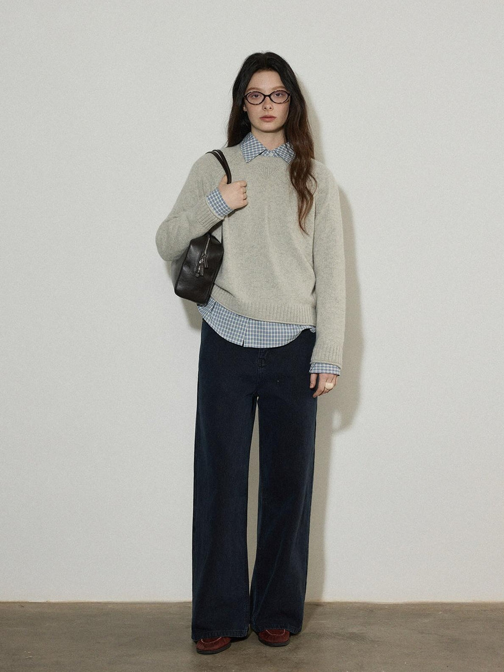 Lofi choose Wool Blend Loose Fit Rolled Hem Commuter Crew Neck Women Light Grey Sweaters