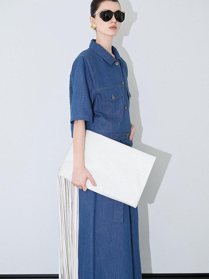 audreyyang Linen Blend Collared Short Sleeve Button Casual Denim Blue Top & Skirt Sets