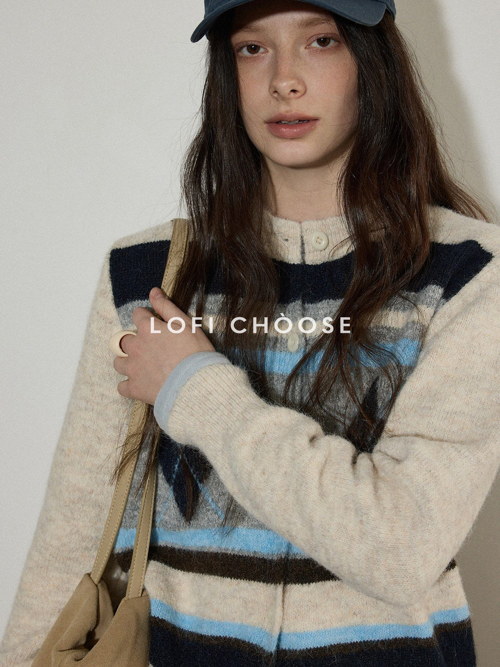 Lofi choose Cozy Poly Wool Blend Contrast Trim Diamond Knit Loose Fit Women Cardigans