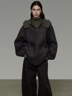 unspoken Premium Lambswool Hooded Relaxed Fit Minimal Commuter Zipper Gray Wool Coats