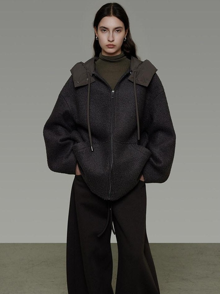 unspoken Premium Lambswool Hooded Relaxed Fit Minimal Commuter Zipper Gray Wool Coats