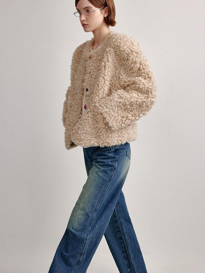 fano Faux Fur Straight Cut Minimal Workwear Women Gray Khaki Short Coat