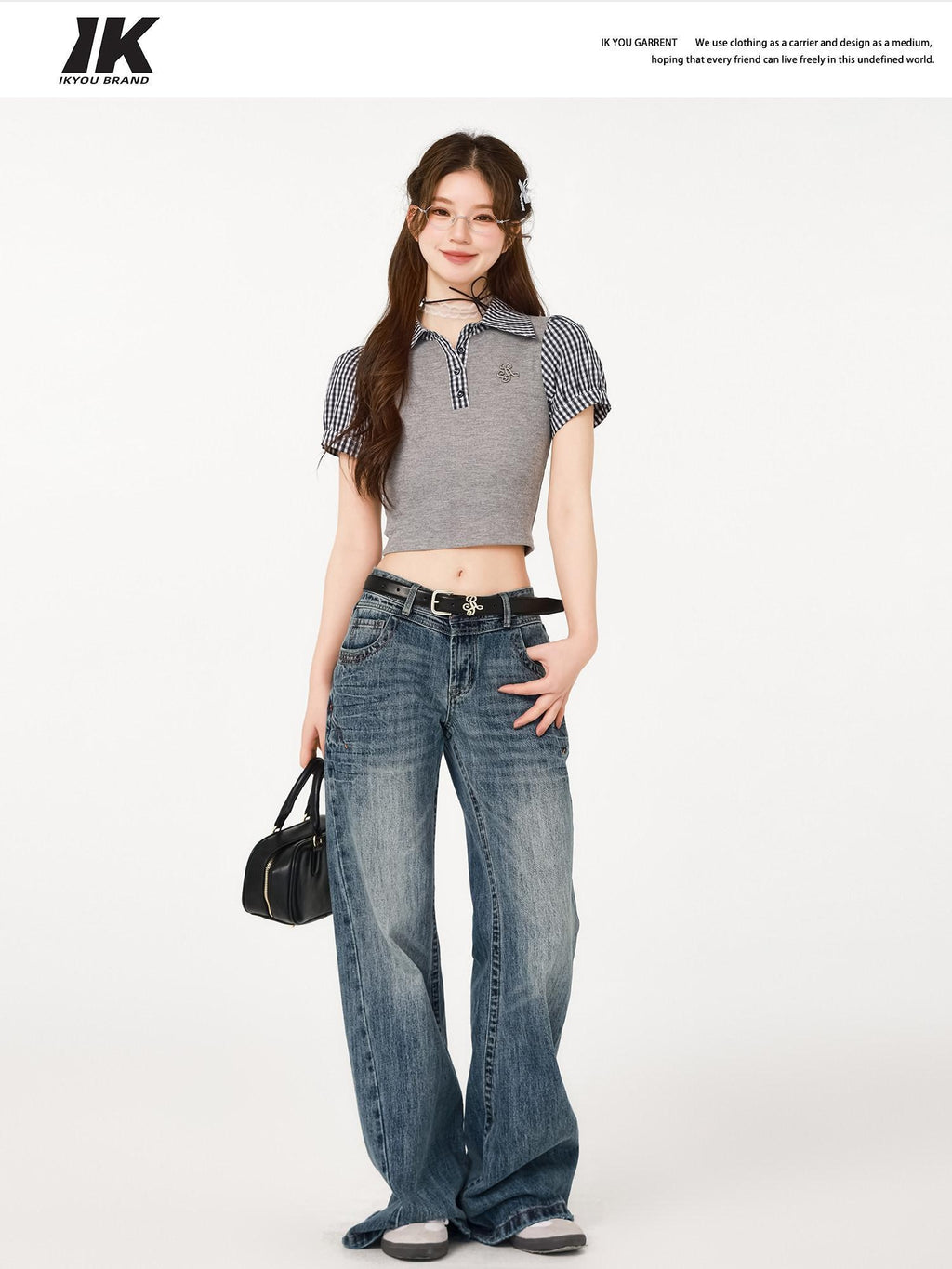 ikyou Durable Distressed Washed Blue Relaxed Natural Waist Rigid Denim Wide Leg Jeans