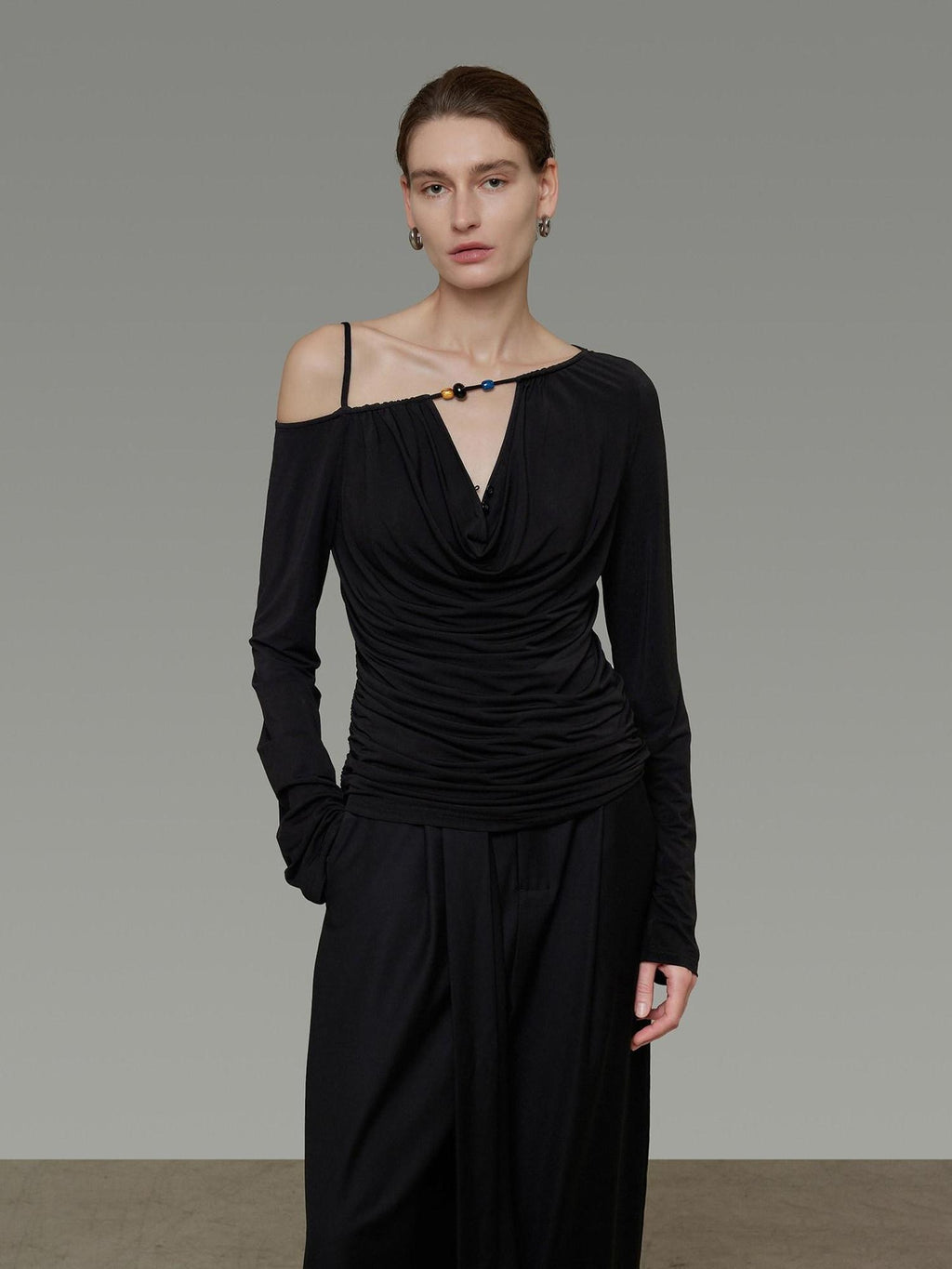unspoken Breathable Viscose Blend Minimal Commuter Loose Asymmetric Shoulder Knit Sweaters