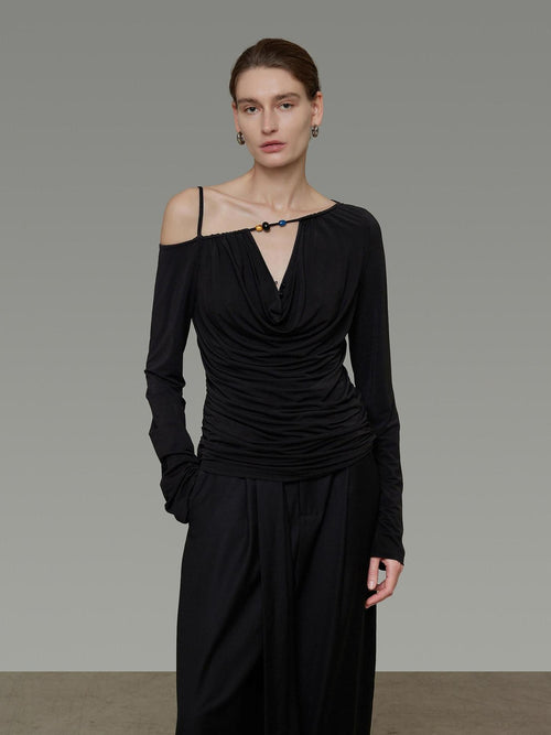 unspoken Breathable Viscose Blend Minimal Commuter Loose Asymmetric Shoulder Knit Sweaters
