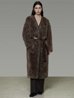 unspoken Warm Belted V-neck Loose Fit Commuter Women Brown Gray Long Coats