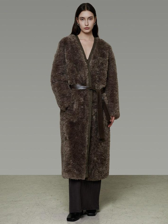 unspoken Warm Belted V-neck Loose Fit Commuter Women Brown Gray Long Coats