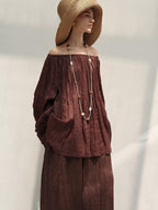 audreyyang Linen Long Sleeve Vintage Loose Round Neck Dusty Rose Women Top & Skirt Sets