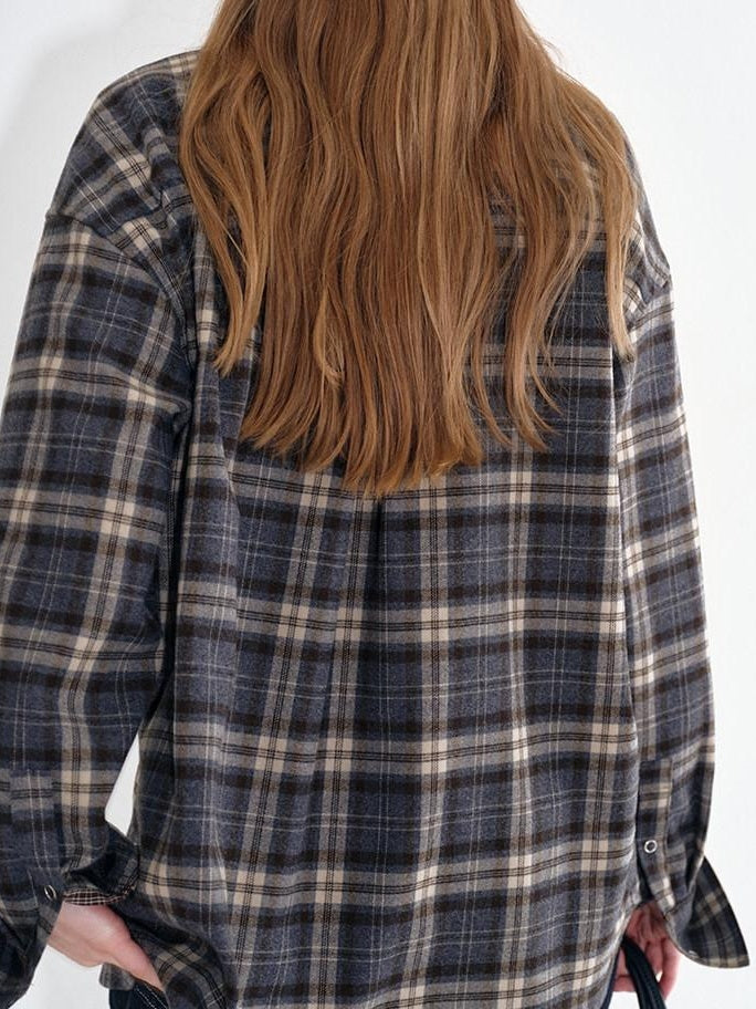 fano Breathable Viscose Oversized Plaid Lapel Button Front Women Everyday Shirts