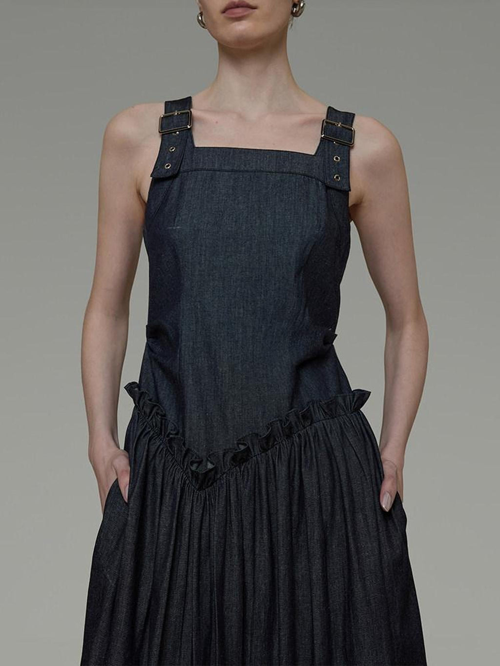 unspoken Minimalist Pleated Cinched Waist Cotton A Line Strap Dress Women Maxi Dresses