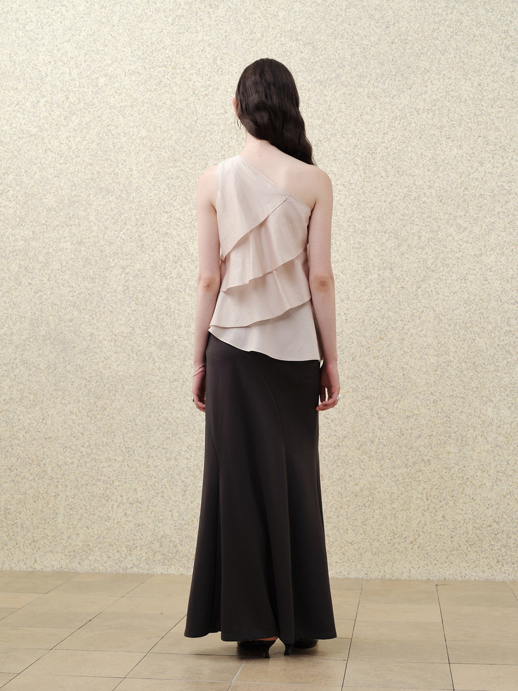 someonesometimes Ruffle One Shoulder Loose Tencel Modal Soft Mist Pink Women Top