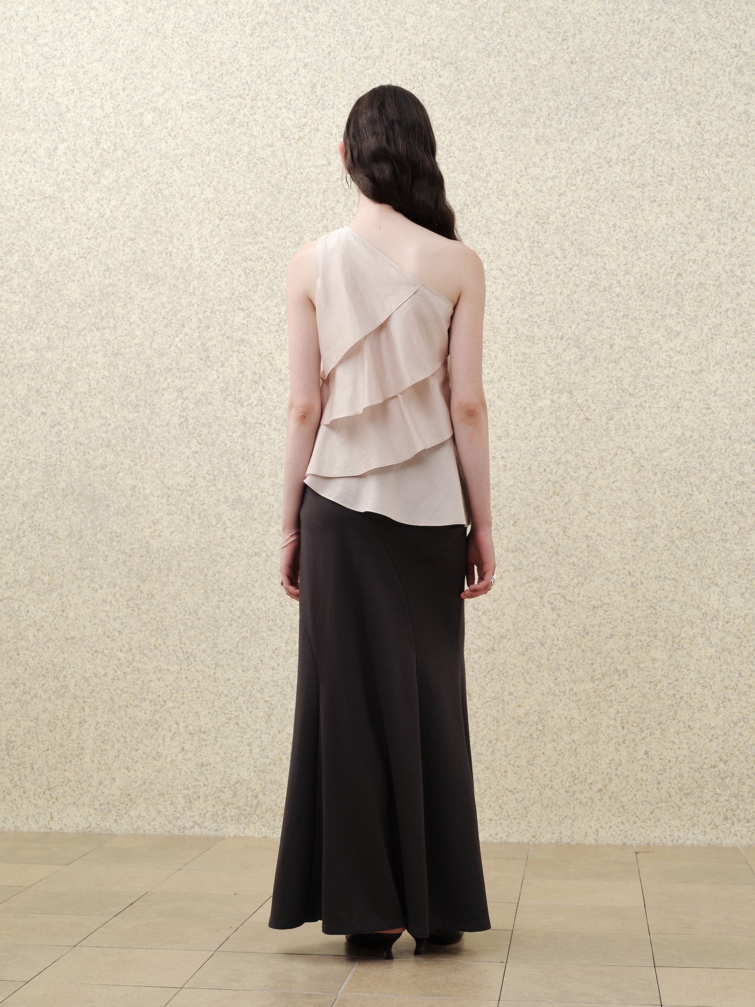 someonesometimes Ruffle One Shoulder Loose Tencel Modal Soft Mist Pink Women Top