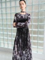 audreyyang Elegant Sash Fitted Knit Long Sleeve Grey Ombre Maxi Dresses