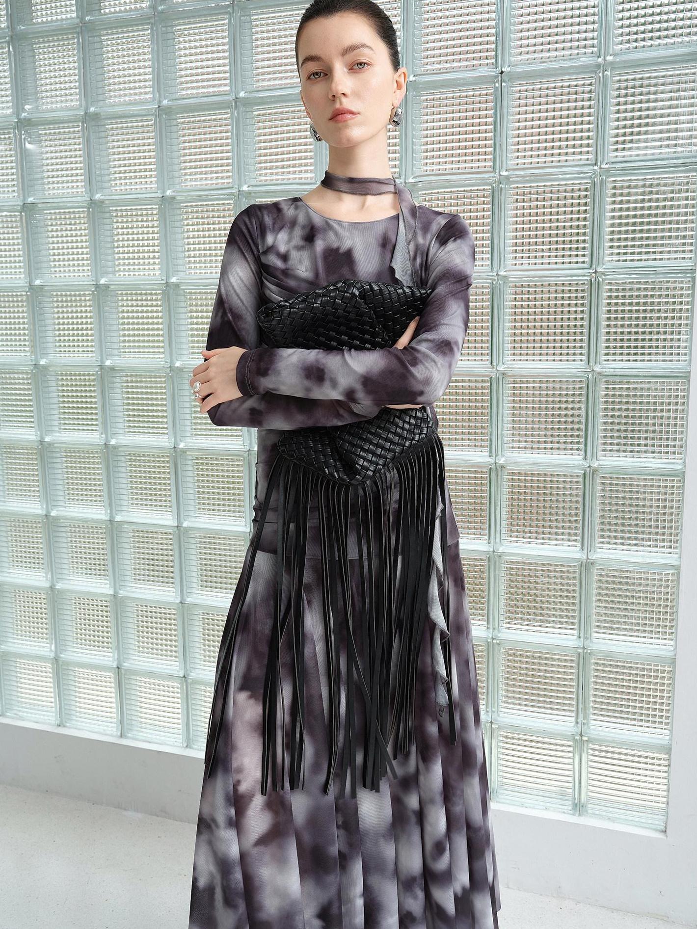 audreyyang Elegant Sash Fitted Knit Long Sleeve Grey Ombre Maxi Dresses