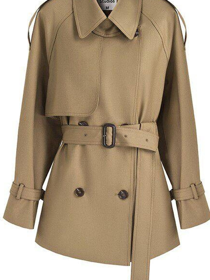 fano Double Breasted Button Front Minimal Commuter Straight Women Khaki Short Coat