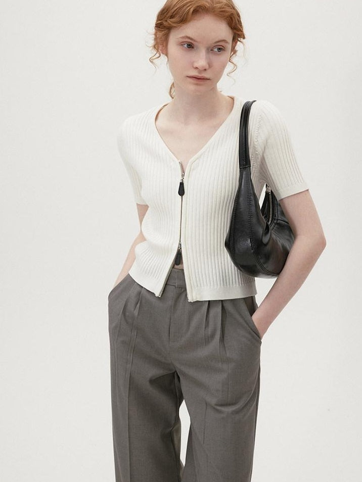 fano Soft Minimalist V-neck Cropped Short Sleeve White Polyester Blend Cardigans