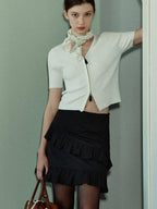 fano Soft Minimalist V-neck Cropped Short Sleeve White Polyester Blend Cardigans